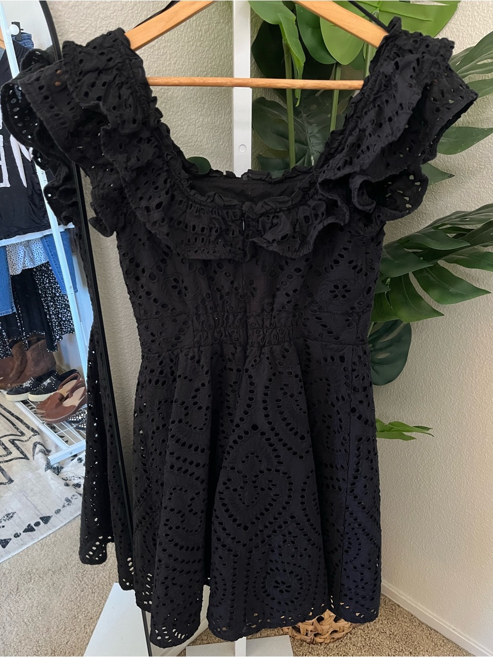 🖤 Black Eyelet Ruffle Mini Dress | Size XS | Boho Cottagecore - Picture 9 of 9